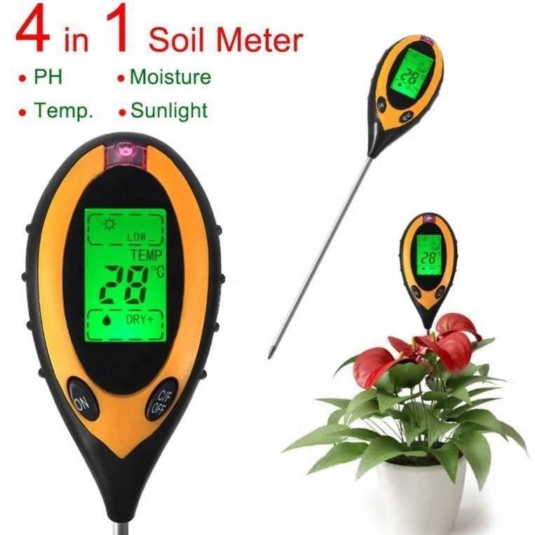 Pantalla LCD digital 4 en 1 medidor de pH del suelo con prueba de luz solar de temperatura y humedad